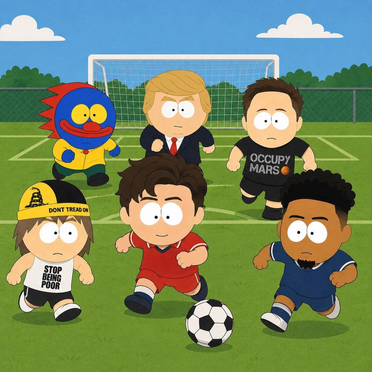 The crew playing soccer