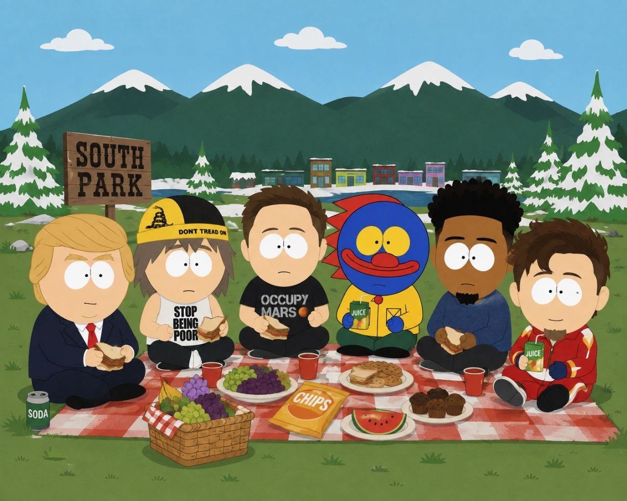 The crew having a picnic in front of the South Park town sign