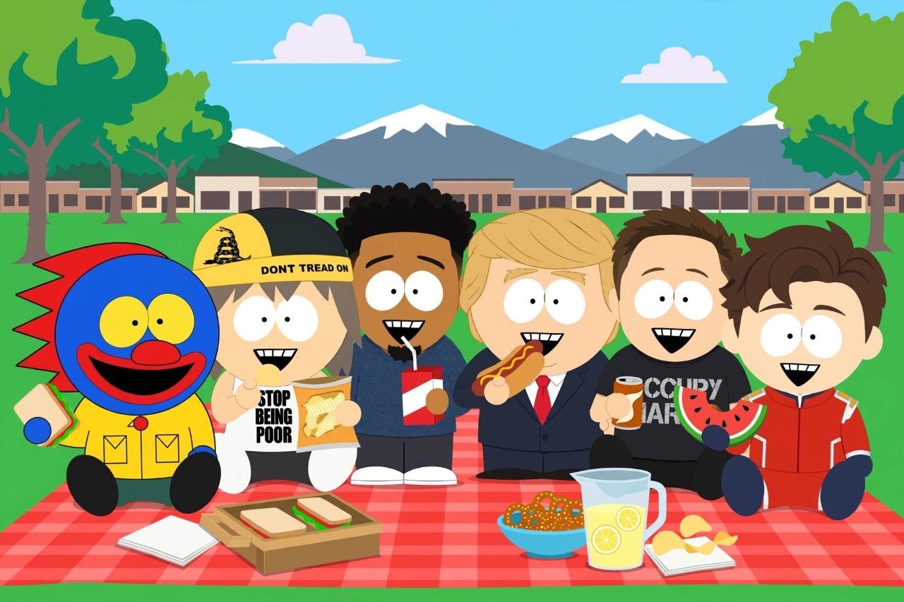 The crew having lunch in the park